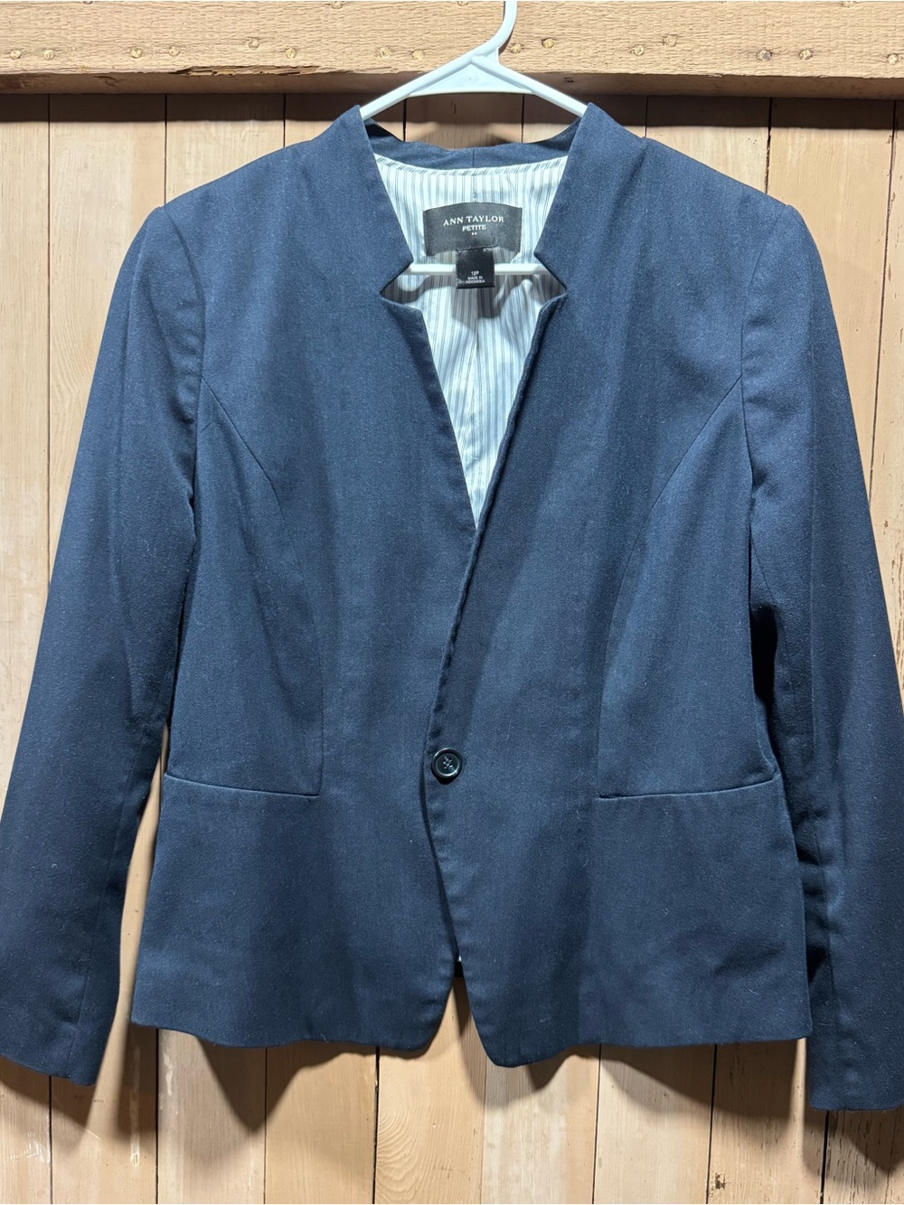 Ann Taylor Navy Collarless, Petite Tailored Blazer